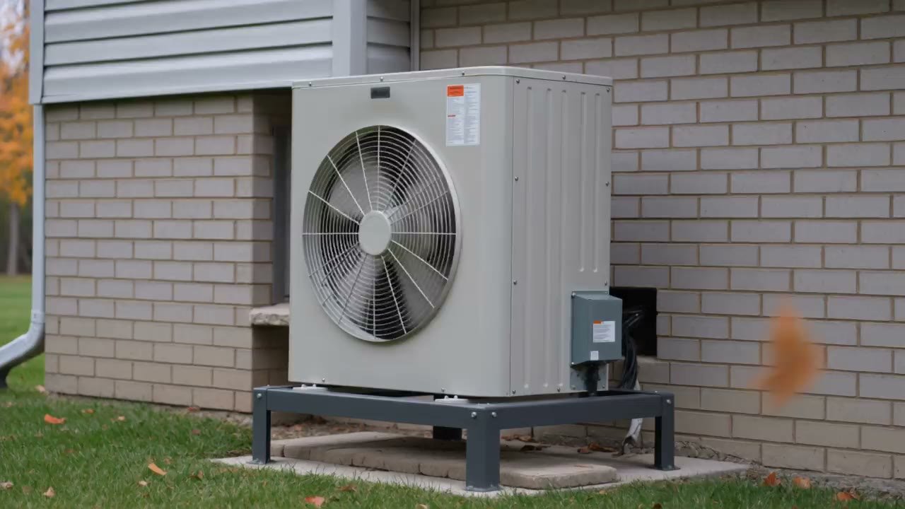 An outdoor heat pump running on a levelled stand beside an Ottawa home